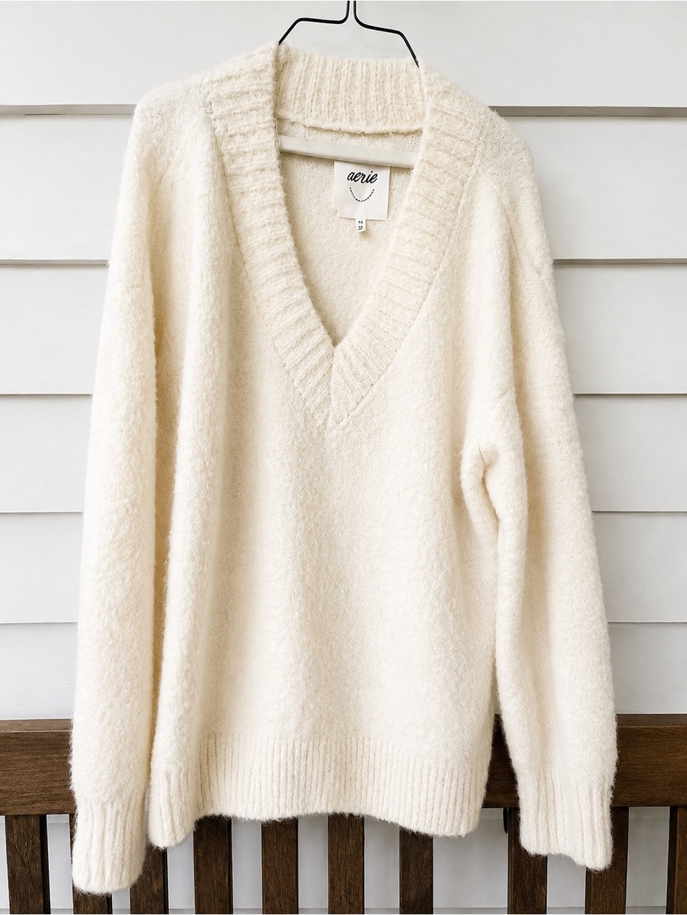 Aerie Teddy Boucle Sweater Women's Large Natural Cream/Ivory  Oversized V-Neck